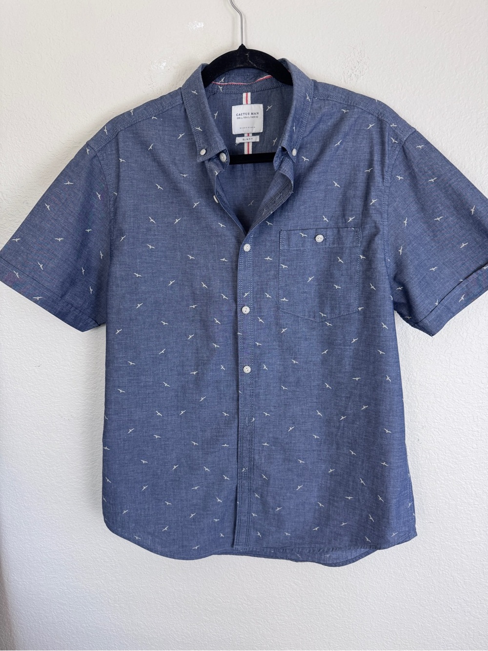 Cactus Blue Short Sleeve Button-Down Shirt with Tiny White Motif